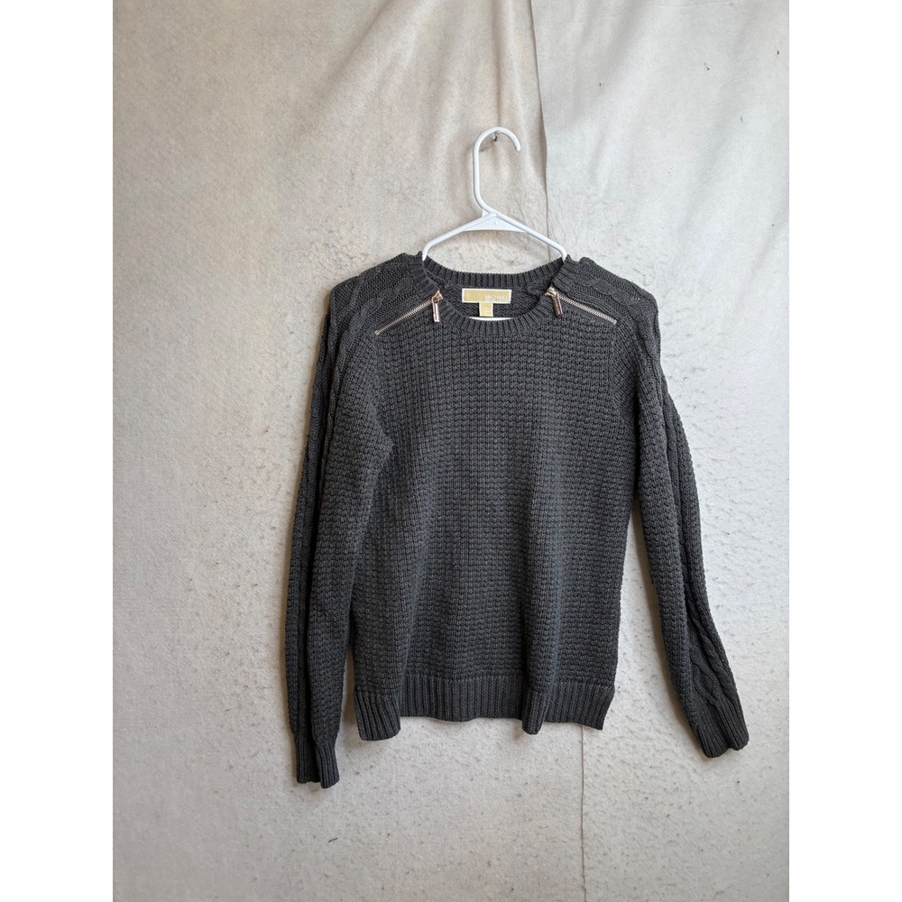 Michael Kors Gray Waffle Knit Sweater Gold Shoulder Zippers Cable Detail Small